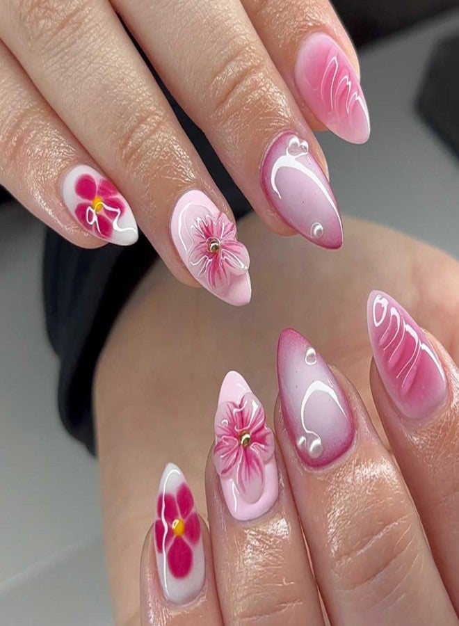 Foccna Almond Press on Nails Soft Gel Medium Nude Fake Nails French Glossy False Nail Tips Artificial Nails 3D Flower Clear,24pcs - Image 1
